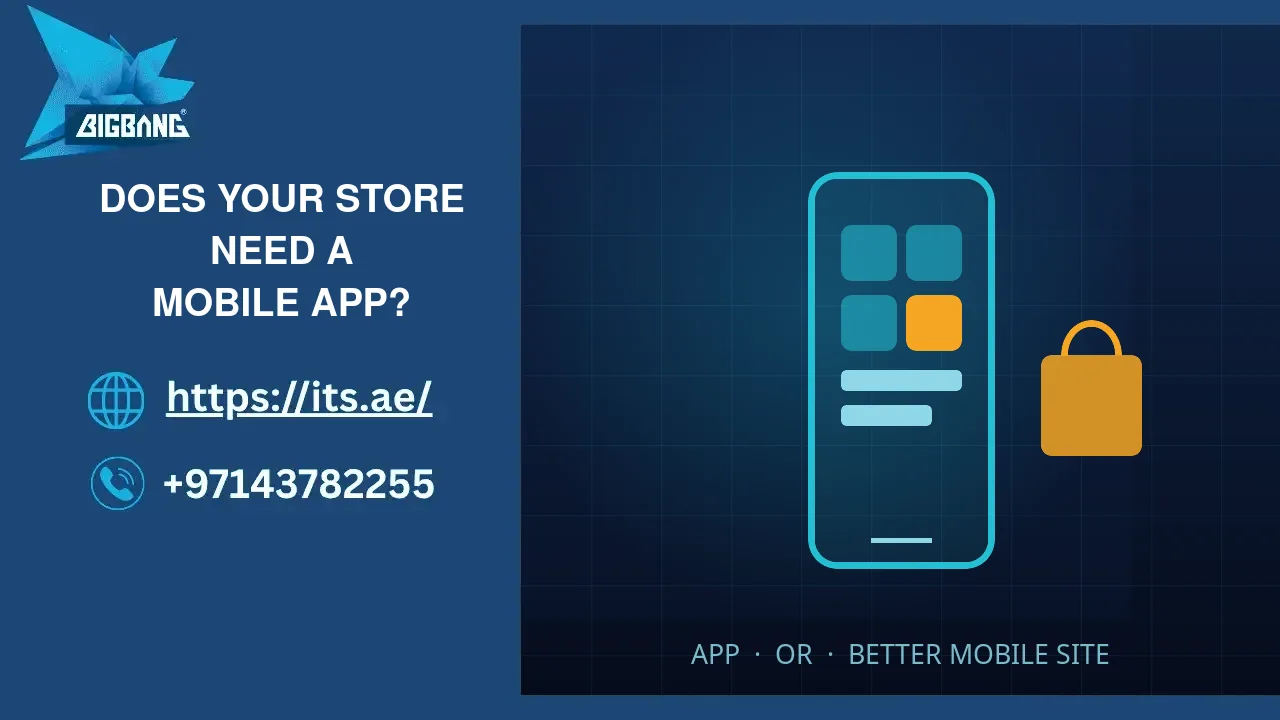 Mobile app for an online store: a smartphone with app tiles beside a shopping bag