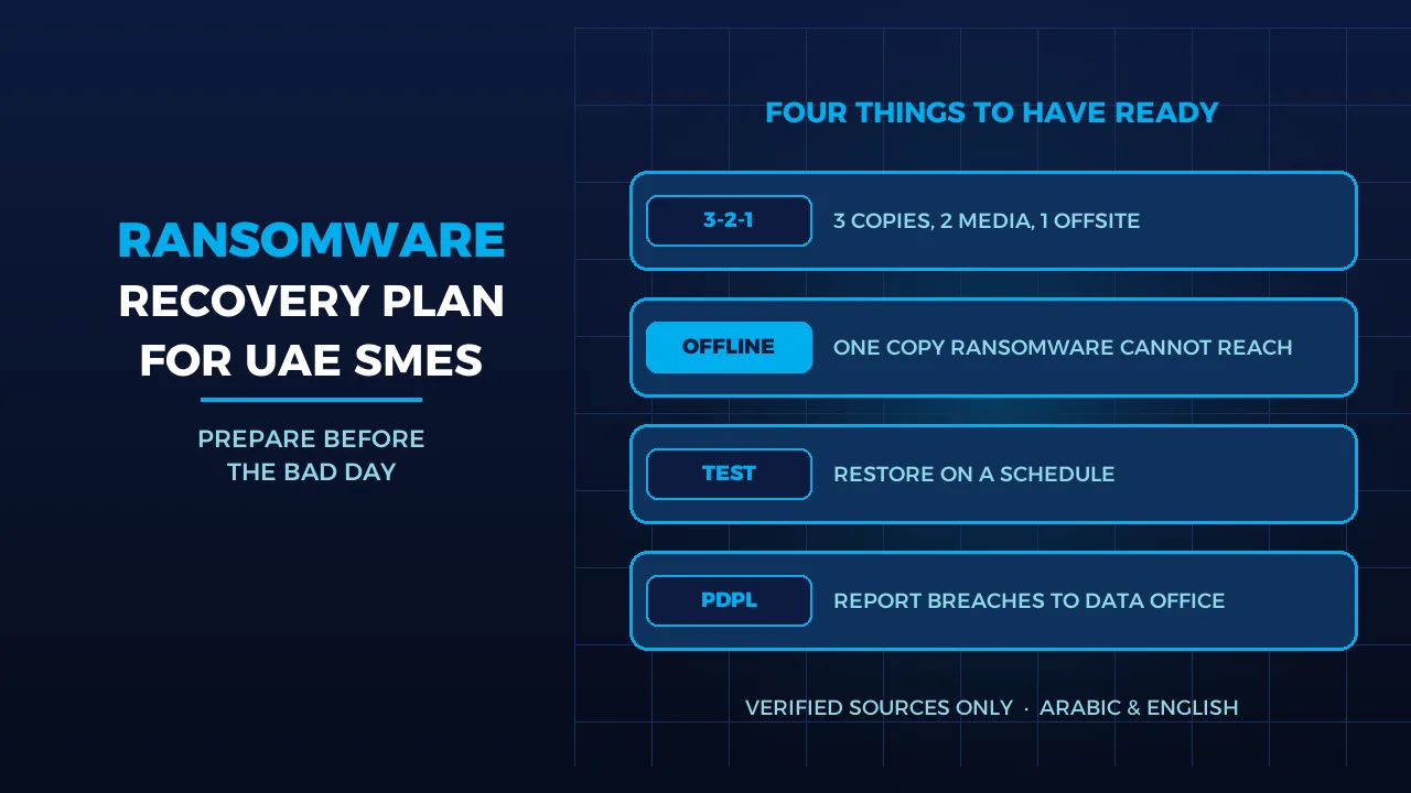 Ransomware recovery plan for a UAE small business: 3-2-1 backups, offline copy, restore tests and PDPL breach reporting